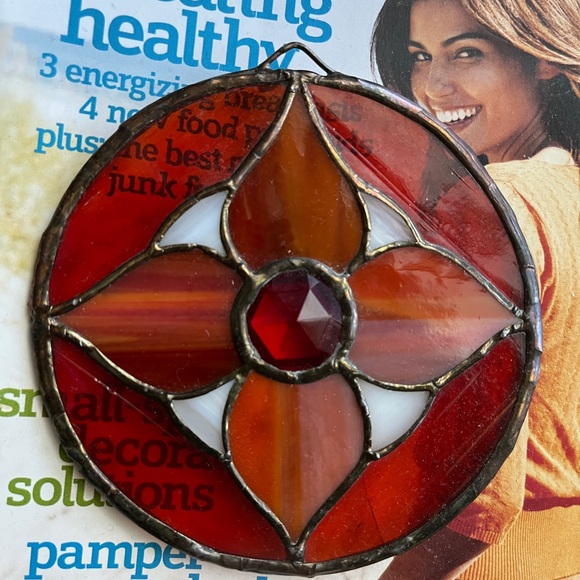 Vintage Stained Glass Art Medallion Design Cross Within Circle Ornament Decor - Picture 6 of 6